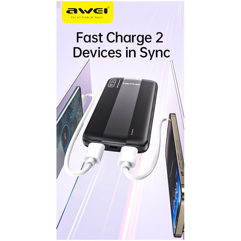 Awei P19K 20,000mAh Powerbank Intelligent Multiple Output With Dual Input Type-C Micro-USB Safety Battery