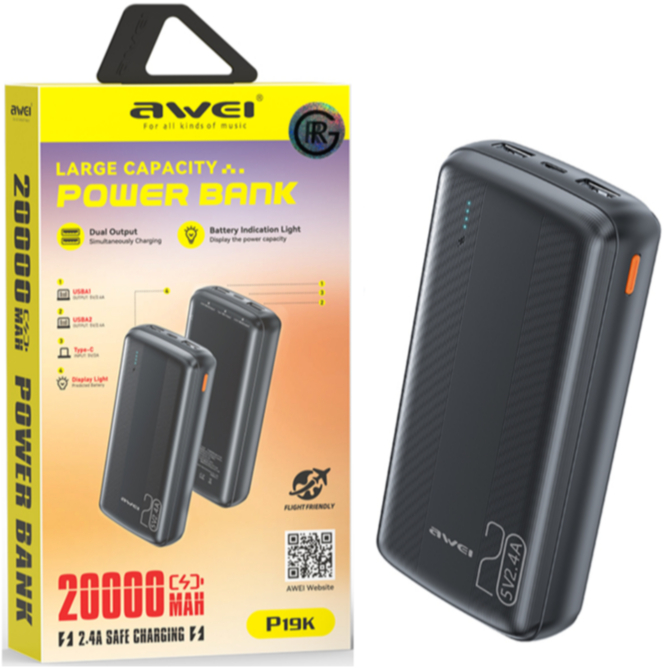 Awei P19K 20,000mAh Powerbank Intelligent Multiple Output With Dual Input Type-C Micro-USB Safety Battery