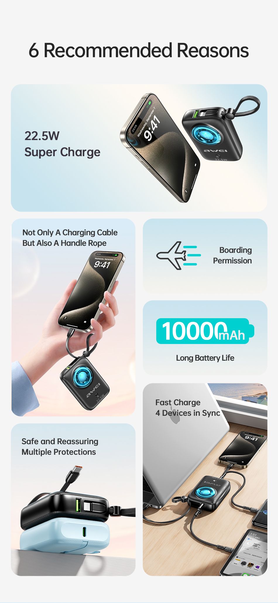 Awei P23K 10,000mAh Fast Charging High Performance Power Bank  With Cable Type C