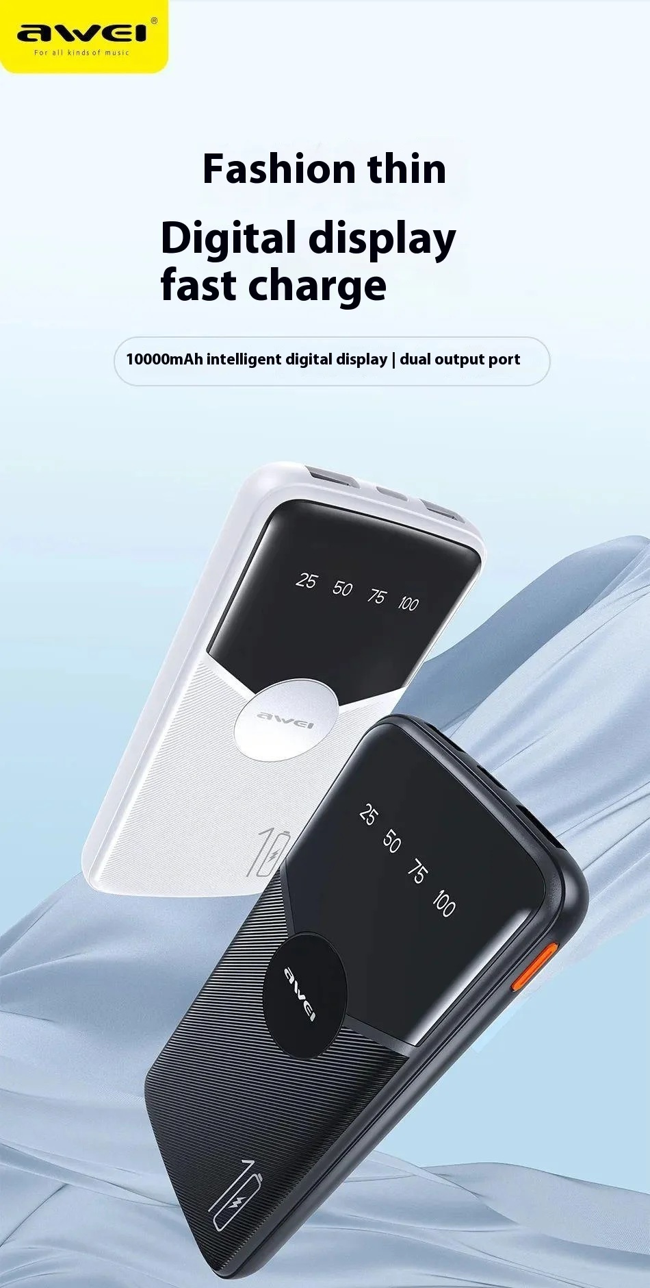 Awei P32K 10,000mah Power Bank 5V Type C Port USB C Micro USB LED Display