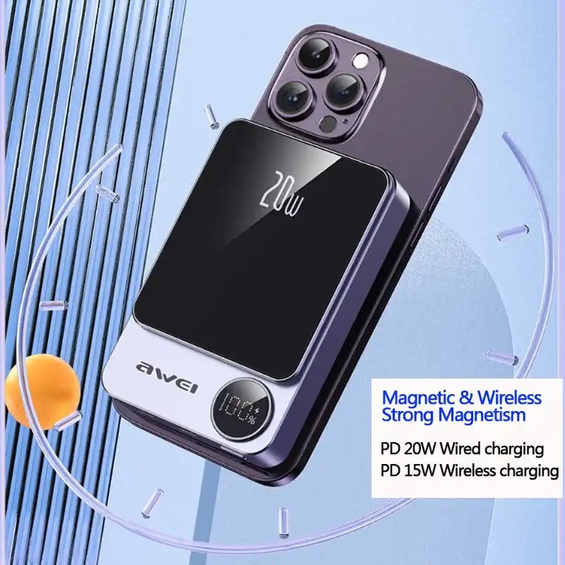 Awei P39K 10,000mAh Magnetic Wireless Power Bank Portable Fast Charging For Android & iOS