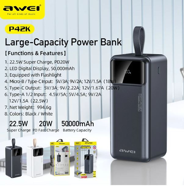 Awei P42K 50,000mAh Power Bank Portable For iPhone & Android 22.5W PD Fast Charger 