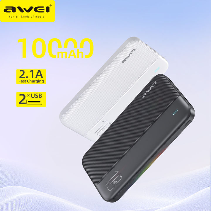 Awei P53K 10,000mAh Power Bank Fast Charging 2.1A Portable Light Weight Dual USB with LED Display 