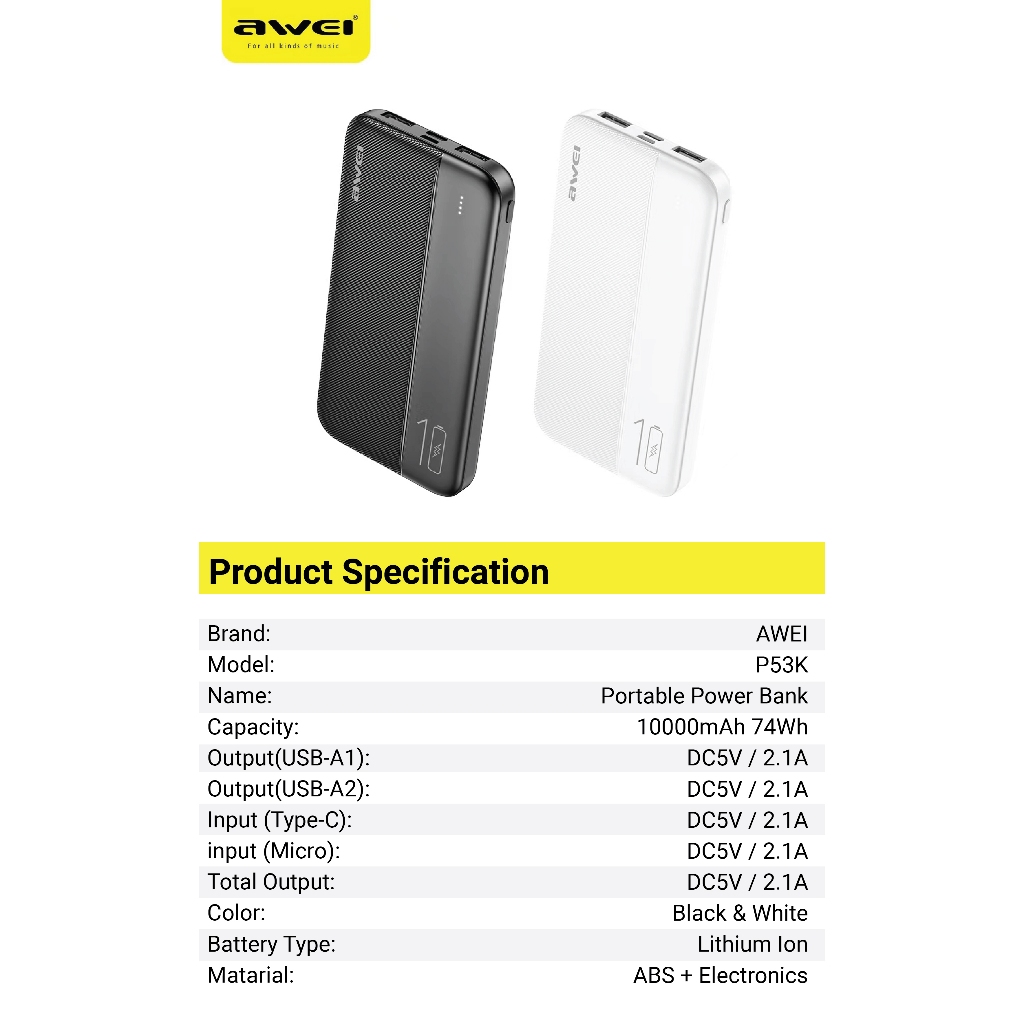 Awei P53K 10,000mAh Power Bank Fast Charging 2.1A Portable Light Weight Dual USB with LED Display 
