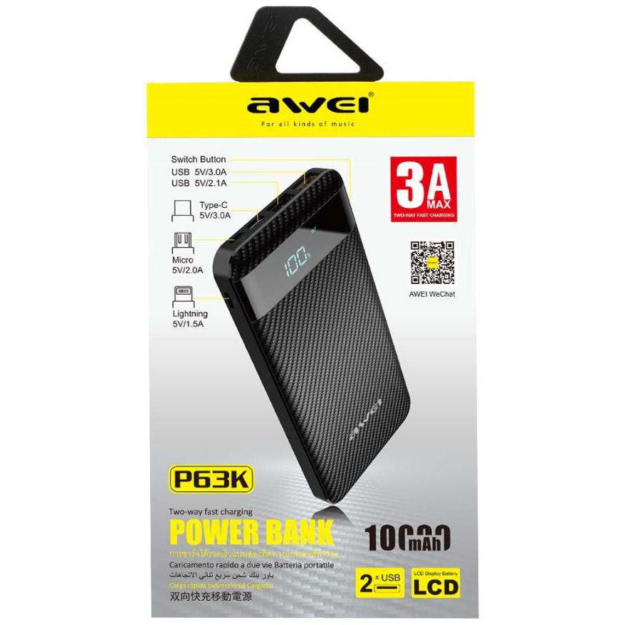 Awei P63K 10,000mAh Power Bank Fast Charging 20W Type C Port USB C Micro USB LED Light Display