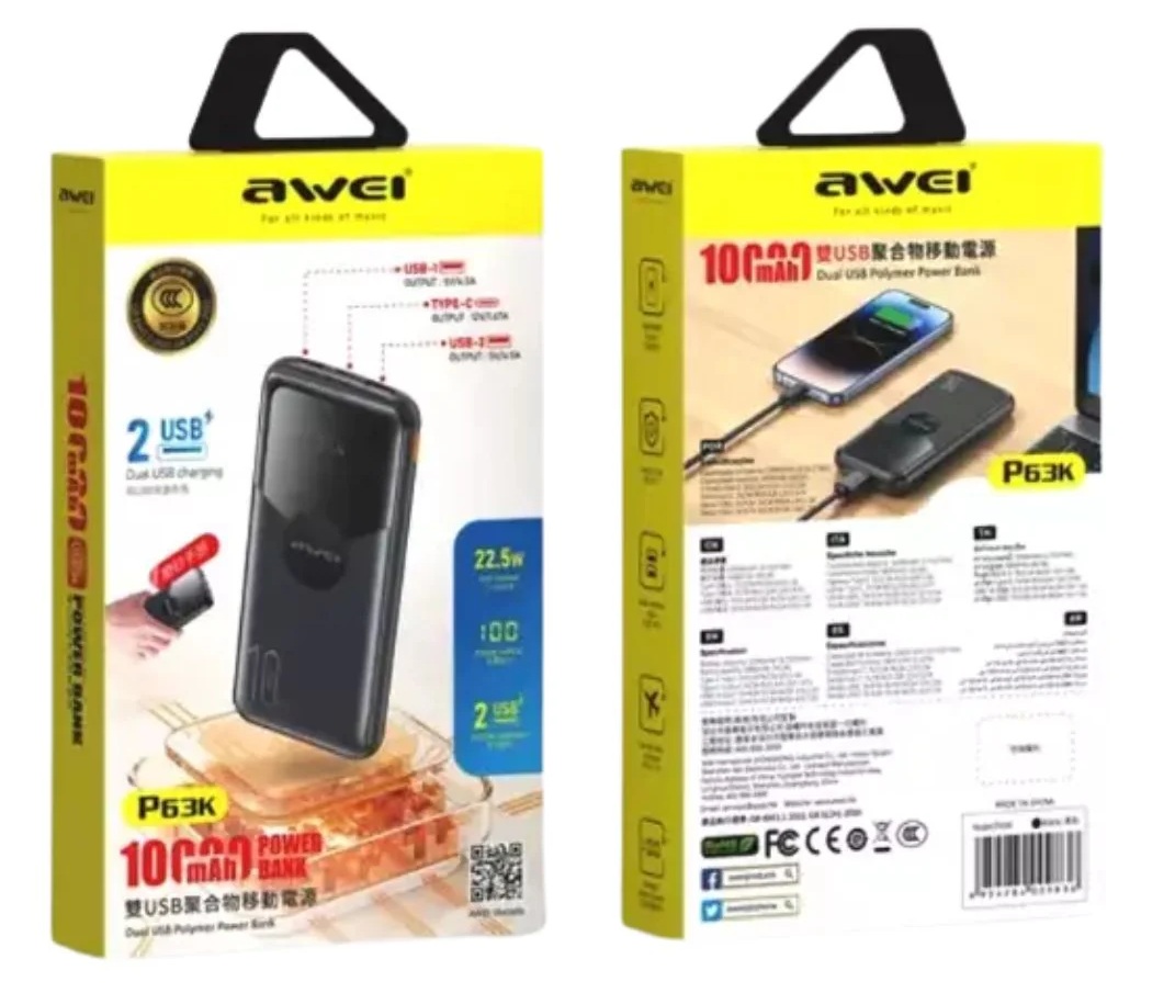Awei P63K 10,000mAh Power Bank Fast Charging 20W Type C Port USB C Micro USB LED Light Display