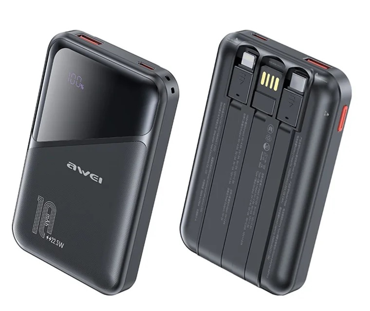 Awei P64K 10,000mAh Fast Charging Power Bank Built-in 3 independent cables 22.5W Type-C Port
