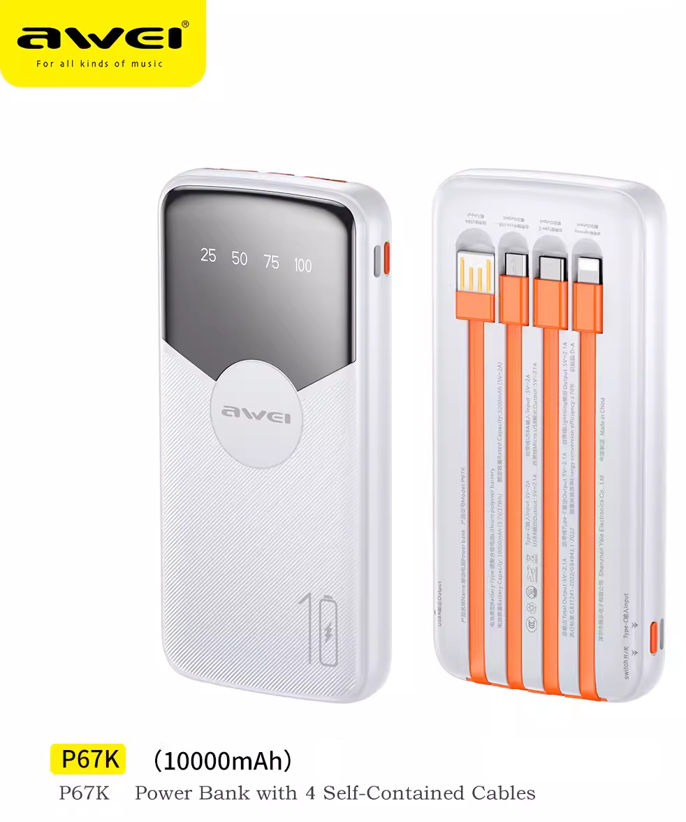 Awei P64K 10,000mAh Fast Charging Power Bank Built-in 3 independent cables 22.5W Type-C Port