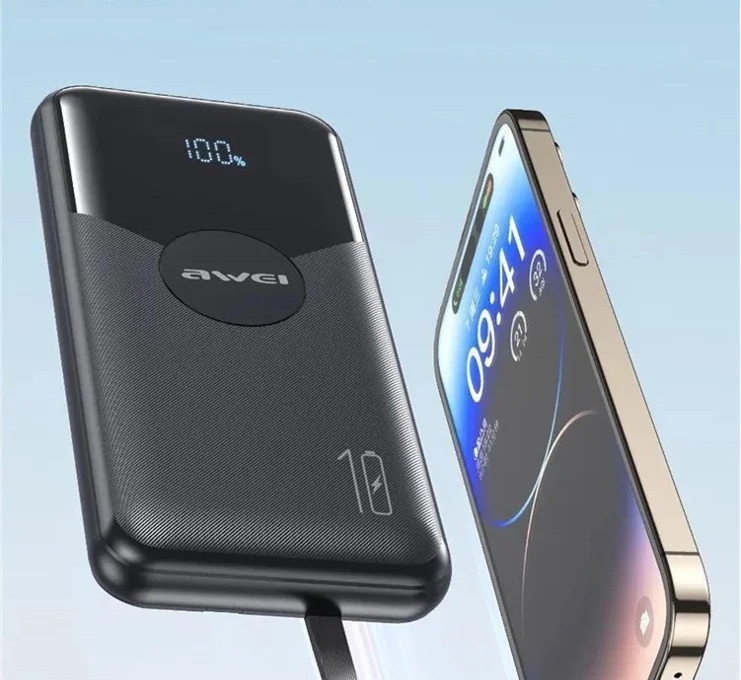 Awei P65K 10,000mAh Power Bank Fast Charging Built In 2 Cable Smart Display