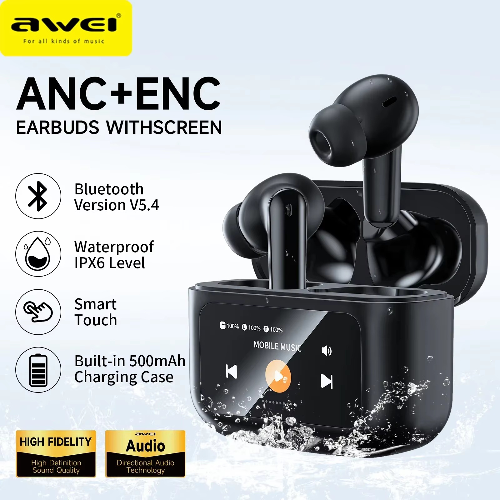 Awei T56 ANC+ENC Bluetooth 5.4 Earphones Smart Touch Noise Cancelling Earbuds With Mic