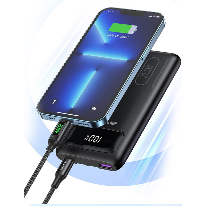 Awei P168K 10,000mAh 22.5w Portable PoweBank Fast Charging With Type-C Light Cable