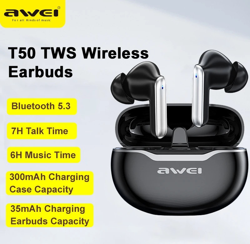 Awei T50 TWS Bluetooth 5.3 Earbuds ENC Noise Cancelling Touch Control Gaming Mode Built-in Mic