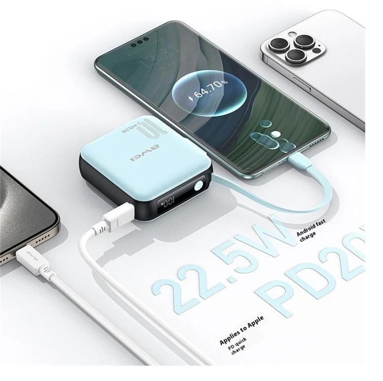 Awei P86K 10,000mAh Power Bank 22.5W Fast Charging Built In Cable Super Mini 