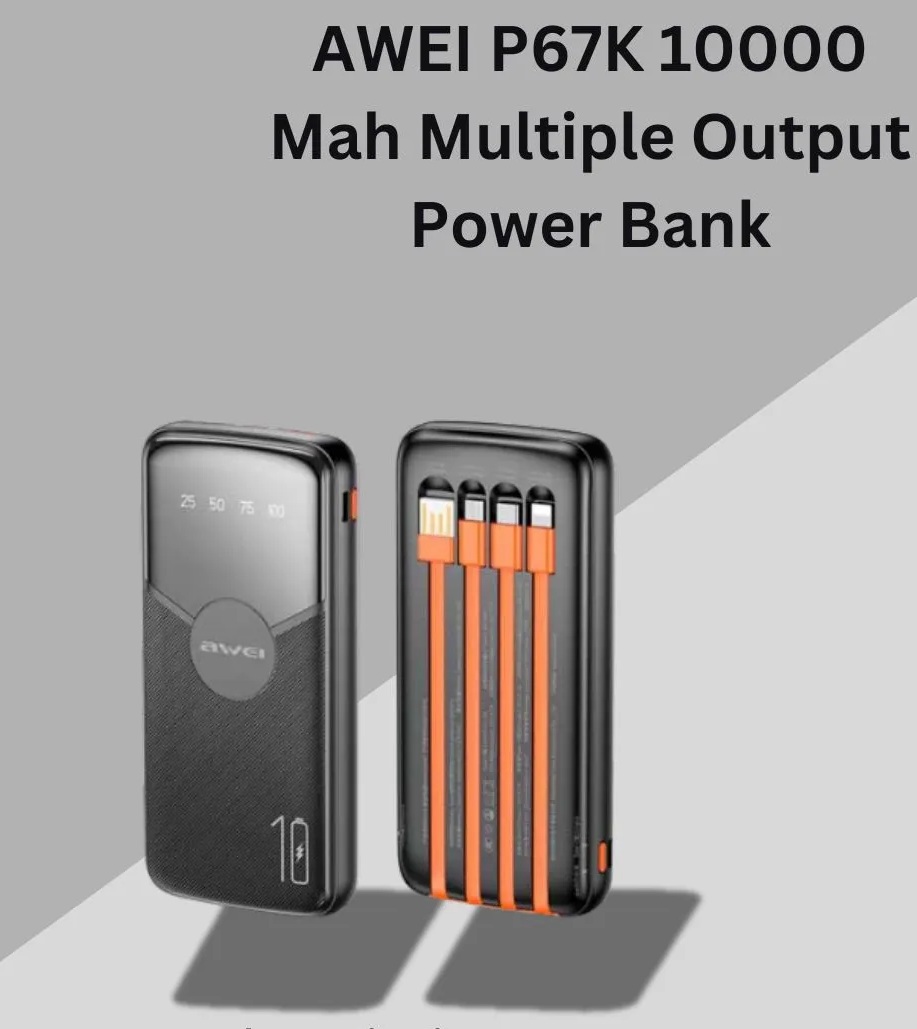 AWEI P67K 10,000  Power Bank  2.1A Charging Mobile With 4-in-1 Cables Fast Charging