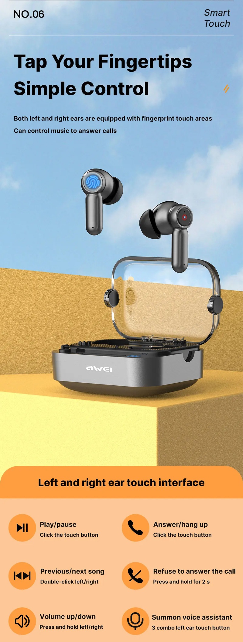 Awei T58 TWS Bluetooth 5.3 Transparent Case Wireless Gaming Earphones