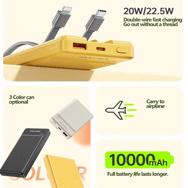 Awei P88K 10,000 Power Bank Compatible 15 Pro Max PD20W 22.5W Built In Cable Fast Charging