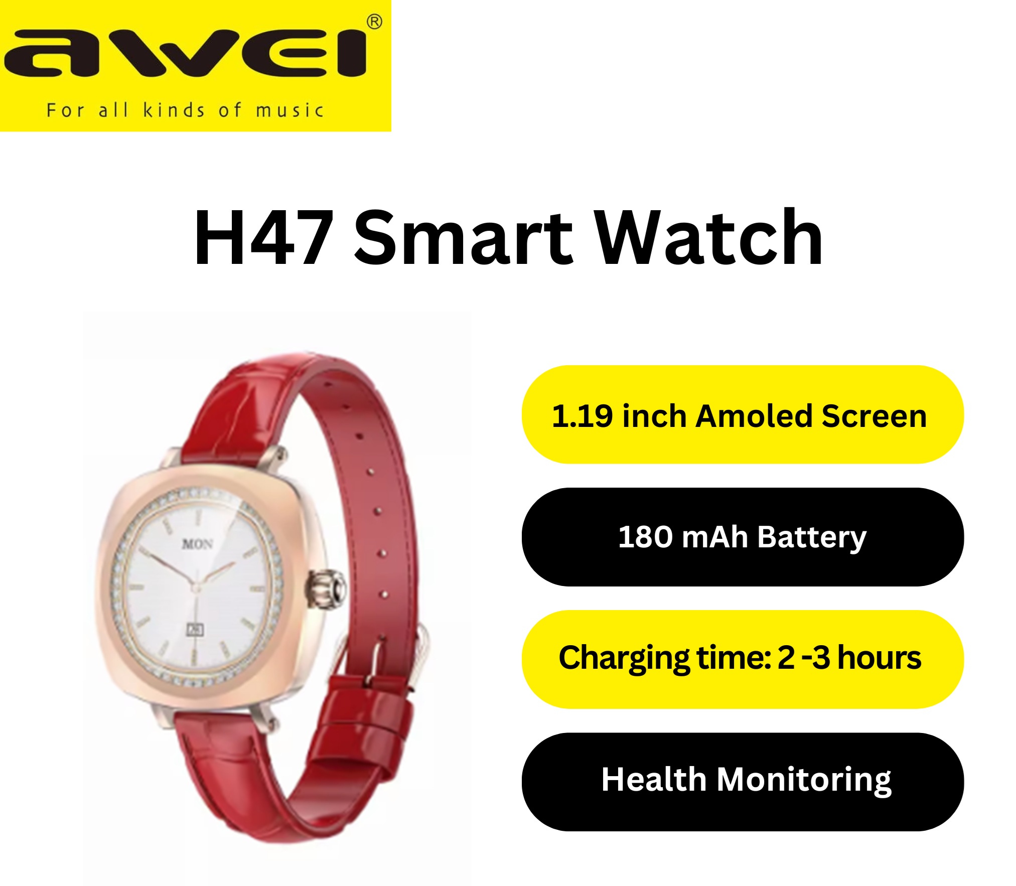 Awei H47 Smart Watch 1.19" AMOLED Display, Bluetooth Call Health Monitoring