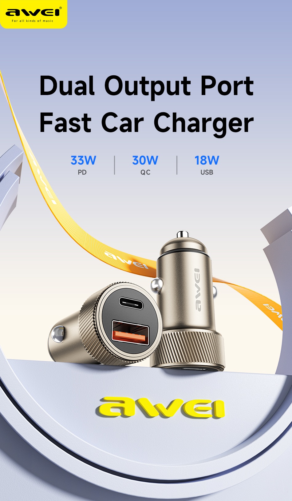 Awei C-857 33W PD Car Charger for phone and tablet