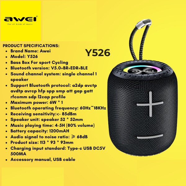 Awei Y526 Bluetooth Wireless Portable Speaker Outdoor Hifi Loudspeaker 