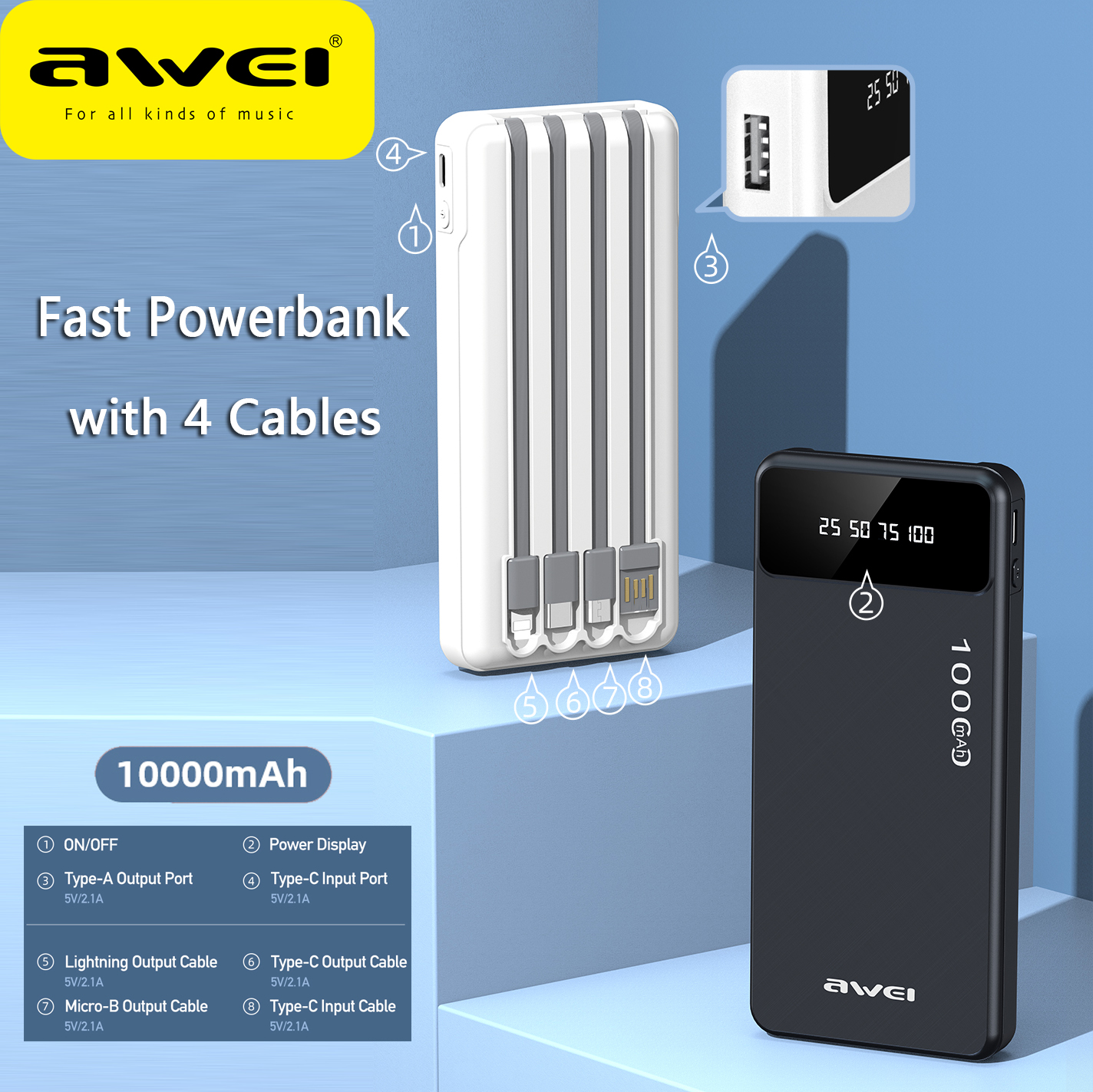 Awei P133K 10,000mAh 2.1A  Charging Mobile Power Bank With Cables 1W 4-in-1