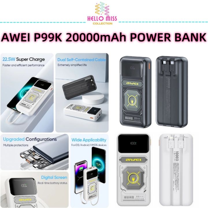 Awei P99K 20,000mAh 22.5W Dual Port Power Bank with Build in Cable Fast Charging