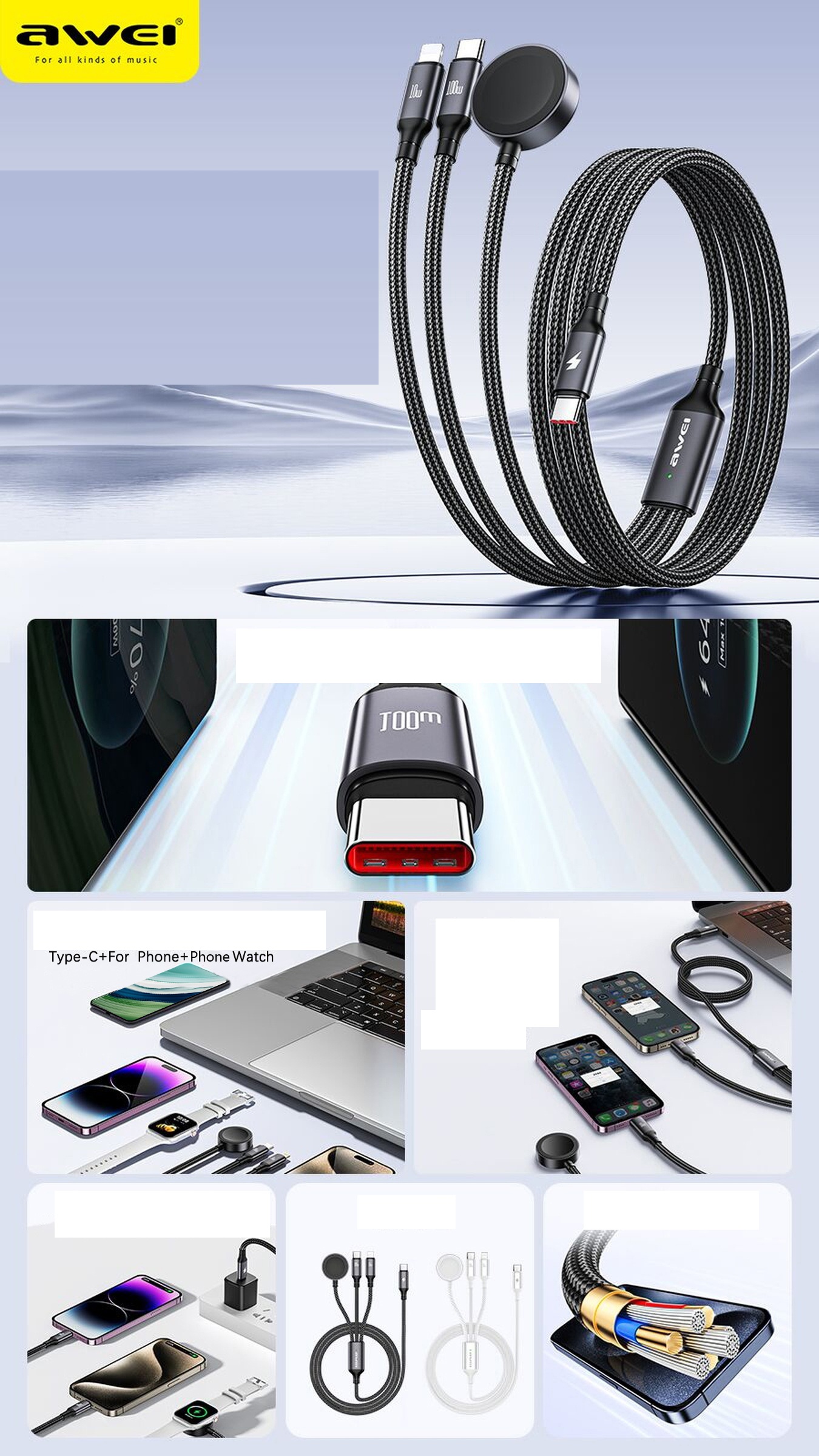 Awei W23 3-in-1 Charging Cable Magnetic Wireless Compatible For Watch Type C  For Tablet