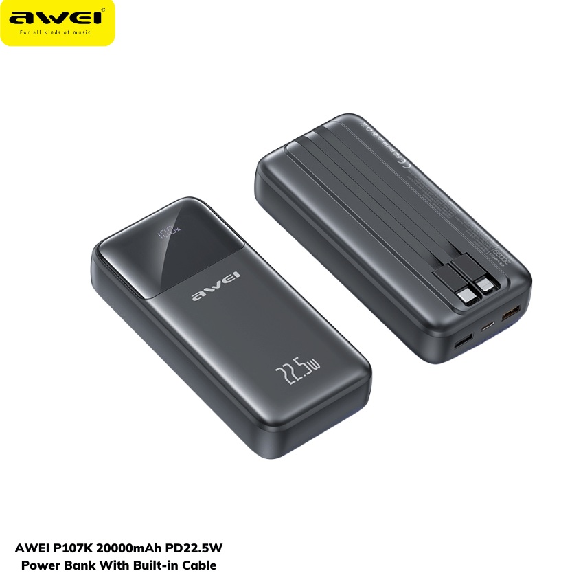 Awei P107K 20,000mAh 5-in-1 Power Bank With Type C & Lightning Cable PD22.5W Fast charge