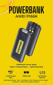 Awei P166K 10,000mAh Portable Power Bank 22.5W Fast Charging LED Display with Built-in Cable 