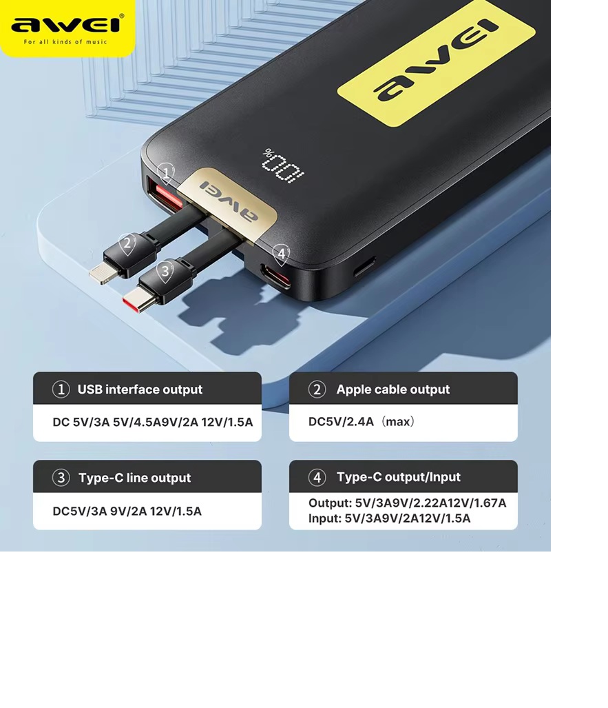 Awei P166K 10,000mAh Portable Power Bank 22.5W Fast Charging LED Display with Built-in Cable 