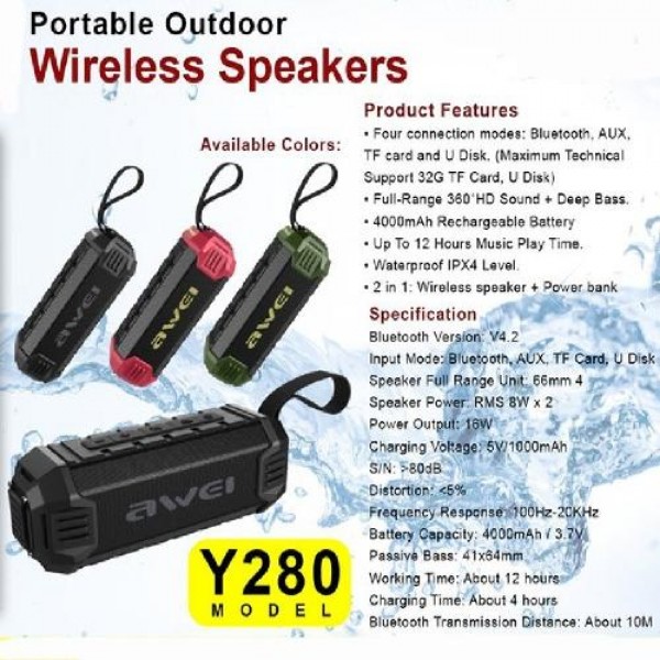Awei Y280 Portable Wireless Outdoor Sound Dual Stereo Speaker Track AUX TF Card FM