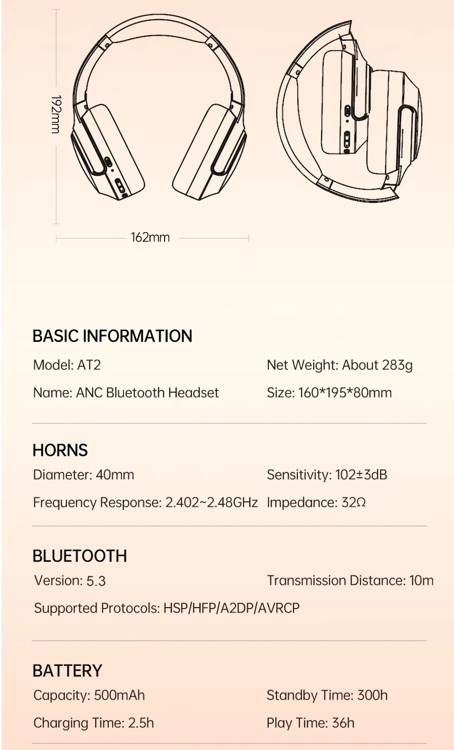 Awei AT2 ANC Wireless ANC Headphone Bluetooth 5.3 40mm Dynamic Driver 