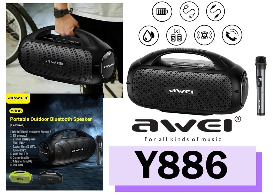 Awei Y886 Portable Wireless Speaker With Microphone Karaoke Mic Bluetooth Speaker