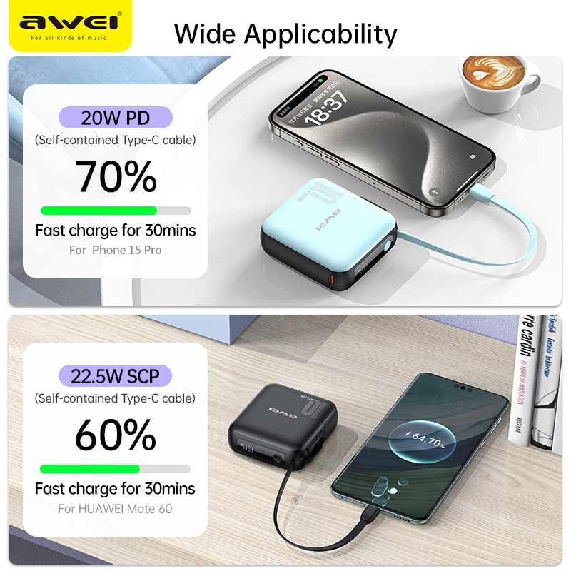 Awei P86K 10,000mAh Power Bank 22.5W Fast Charging Built In Cable Super Mini 