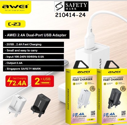 Awei C-23 2.4A daptor 3-Pin Dual-Port USB Travel & Wall Charger