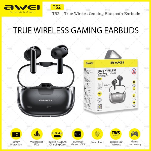 Awei T52 Active Noise Cancelling Wireless Bluetooth Earphone Gaming Earpiece With Mic