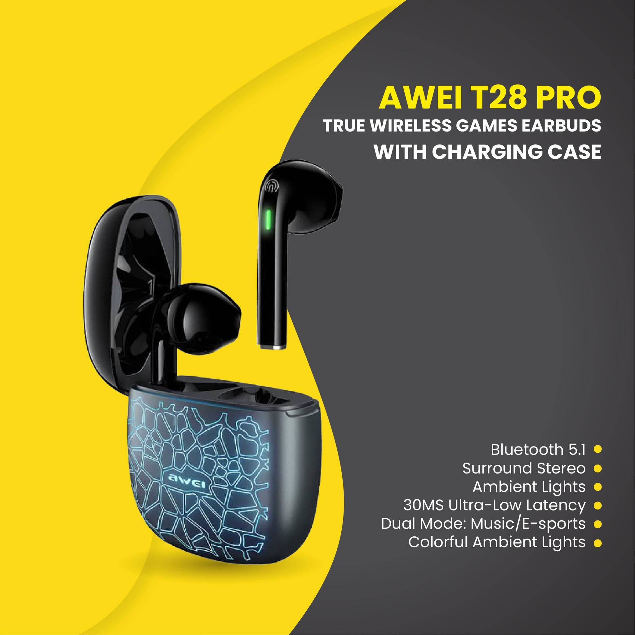 Awei T28 Pro Bluetooth Earphones  Surround Sound Gaming with Mic