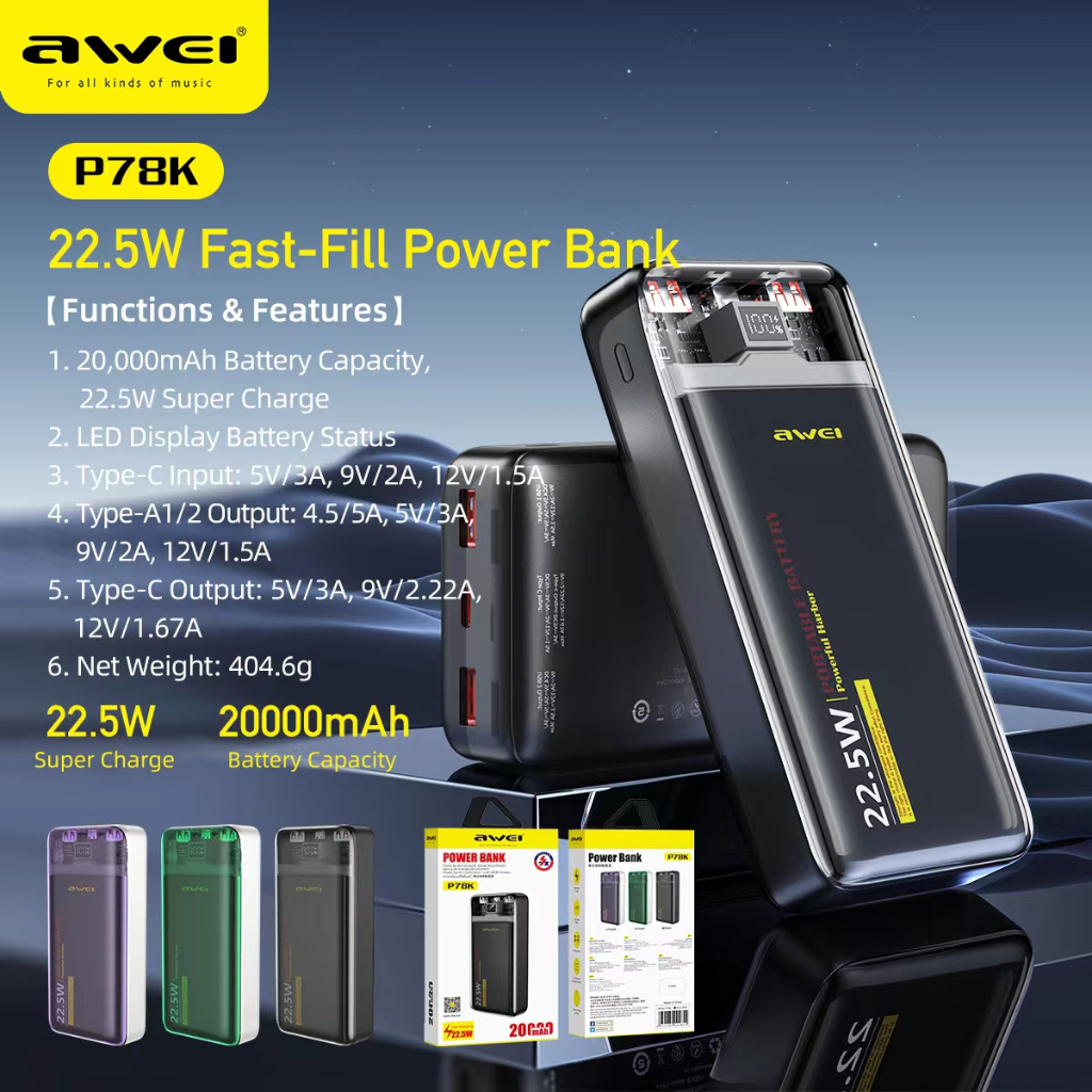 Awei P78K 20,000mAh Powe Bank 22.5W Super-Fast Charging USB Ports LED Display Long Battery Life
