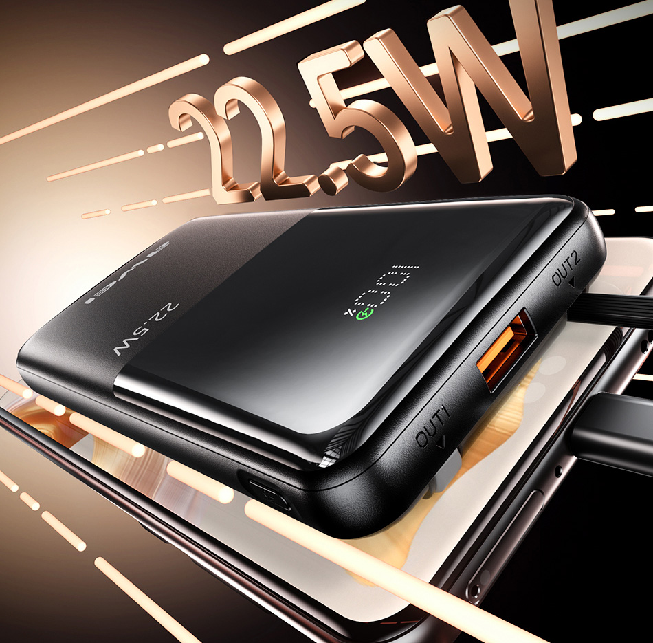 Awei P76K 10,000mAh Power Bank Thin & Portable 22.5W Built-In Cable Fast Charge