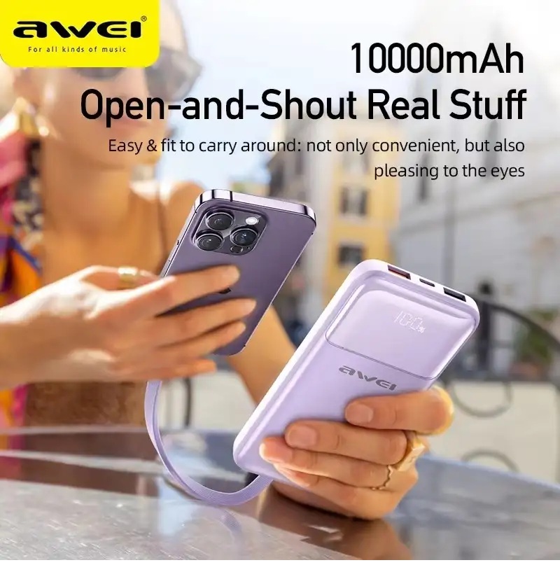 Awei P106K 10,000 Power Bank 1W PD Fast Charging 22.5W RPP-300  With Cable Type-C 