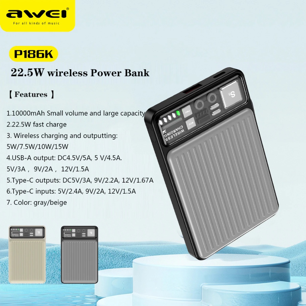 Awei P186K 10,000mAh Power Bank Strong Magnetic Wireless Charging 