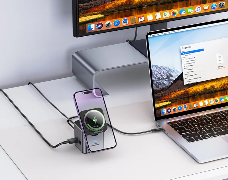 hoco HB49 Magnetic Wireless Charging  9 in 1 Type-C HUB to HDTV+PD +USB3.0*3+SD+TF+ RJ45 