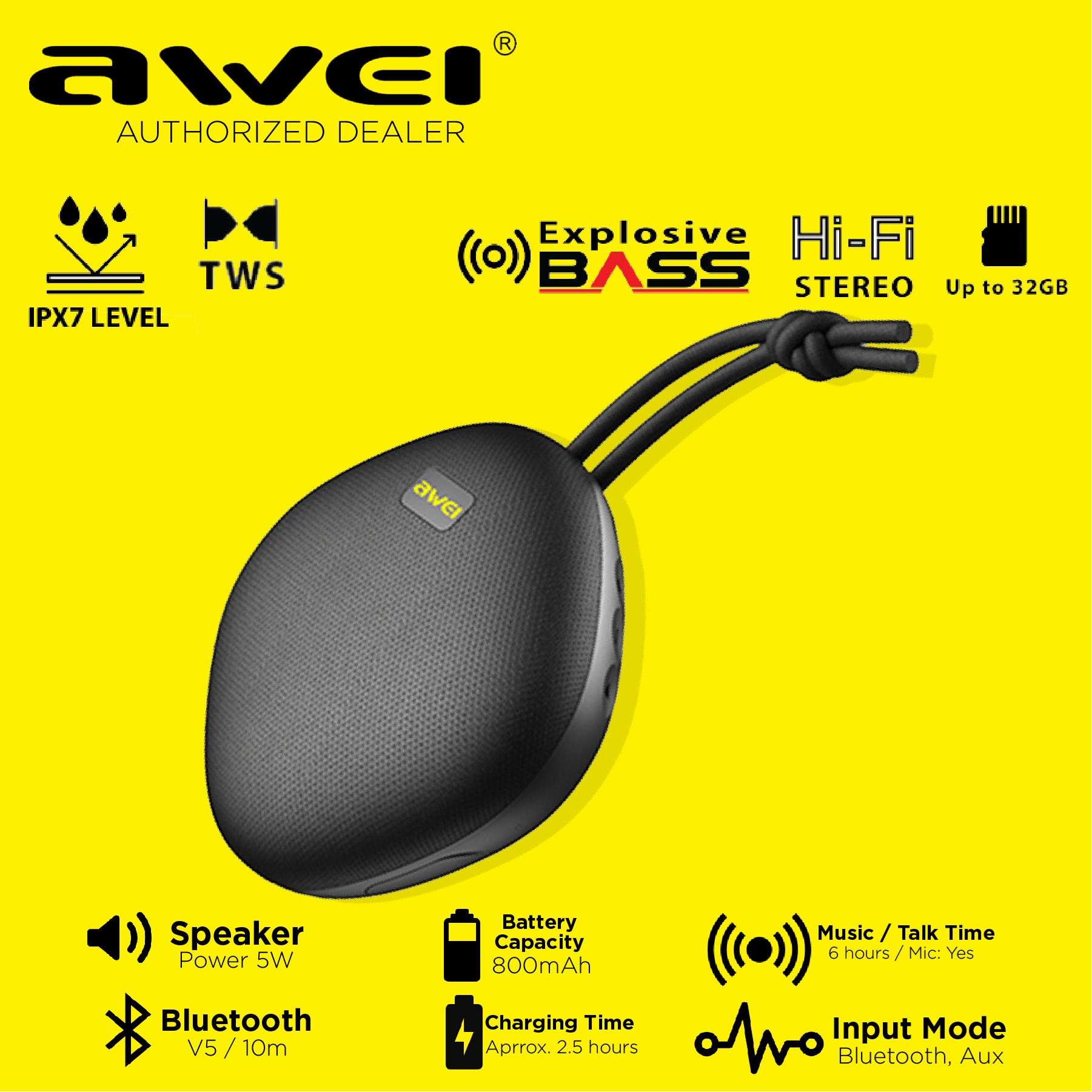 Awei Y336 Mini Portable Bluetooth Speaker Subwoofer High Power IPX7 Waterproof