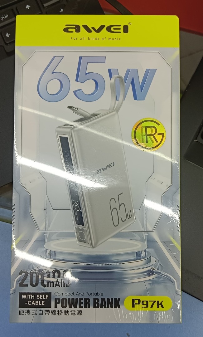 Awei P97K 20,000mAh Power Bank includes a built-in 2-in-1 charging cable