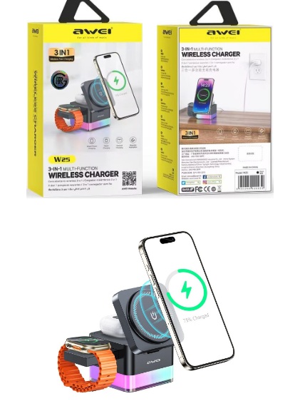 Awei W25 3 in 1 Wireless Charging Dock Foldable Adjustment Charger 