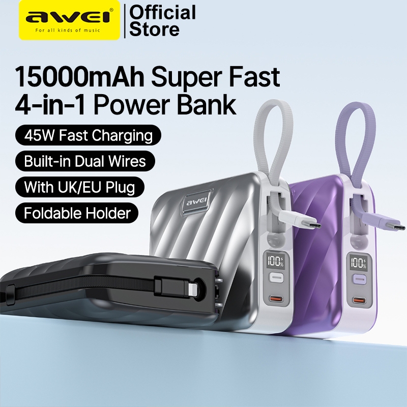 Awei P83K 15,000mAh 45W Power Bank Built In Cable with Wall Plug UK Plug