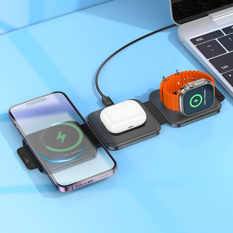 hoco CQ4 3 in 1 Magnetic Wireless Fold-able Charger for Handphone & Watch