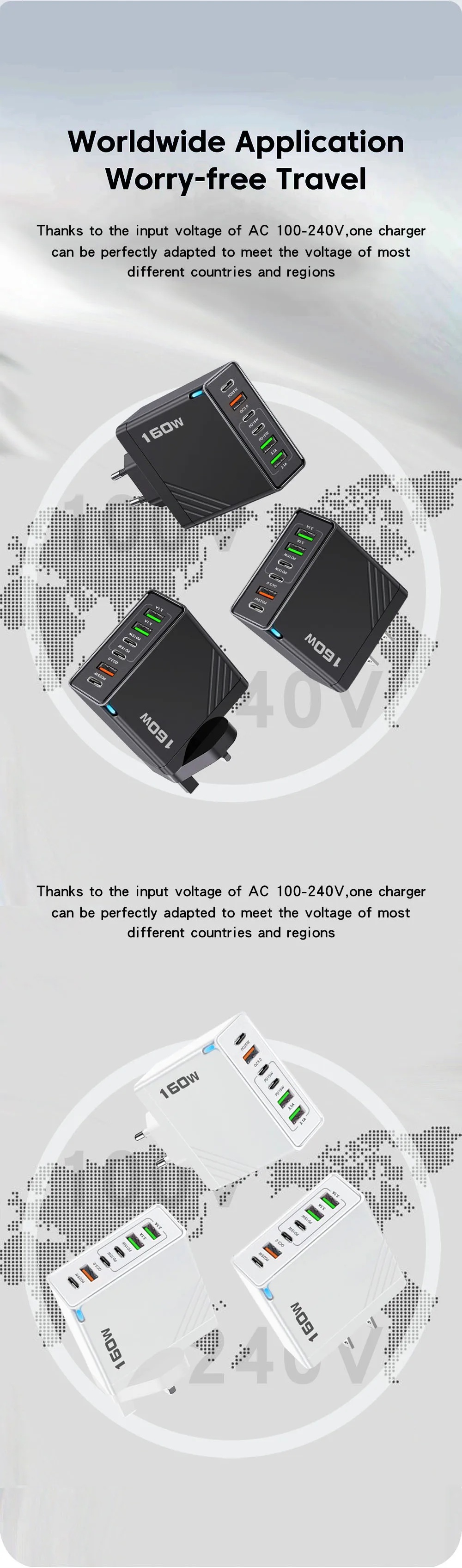 160W USB Type C Charger Multi Ports Fast Charging Phone Adapter ,UK Plug Wall Charger