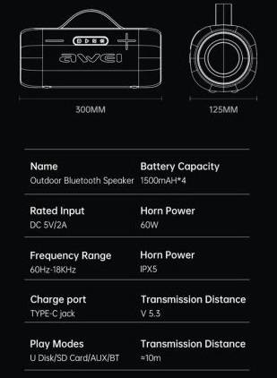 Awei KA10 Bluetooth Speaker Super Bass60W IPX5 Waterproof Outdoor Party Support TF Card Aux 