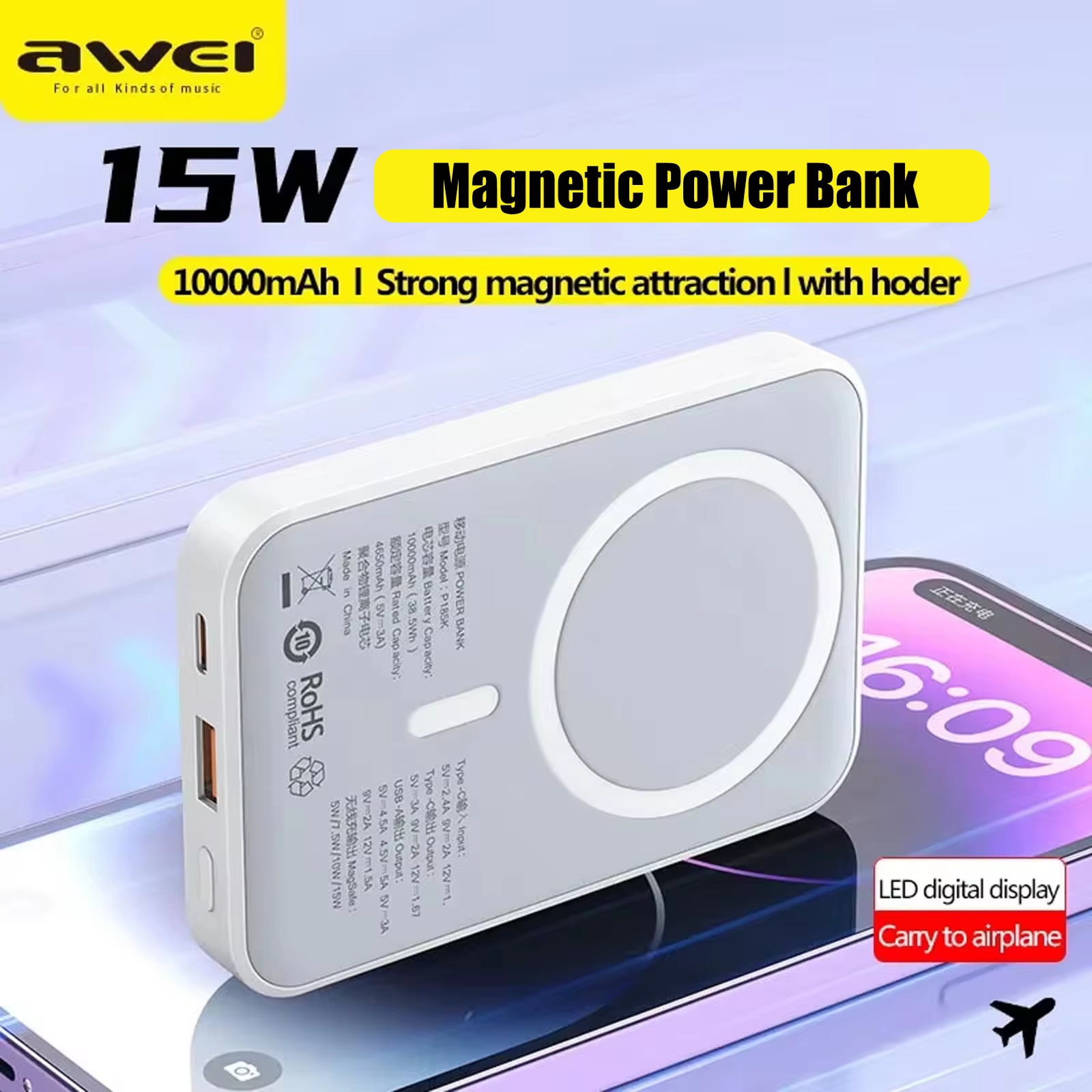 Awei P185K 10,000mAh Magnetic Wireless Power Bank Charger with Stand