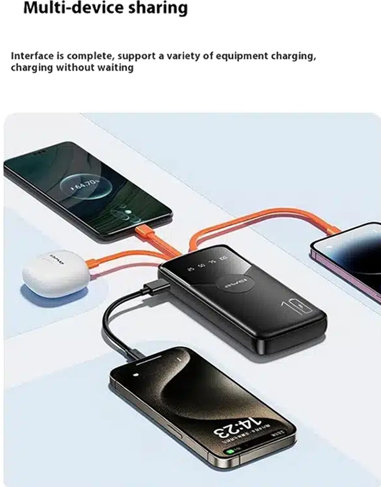 AWEI P67K 10,000  Power Bank  2.1A Charging Mobile With 4-in-1 Cables Fast Charging